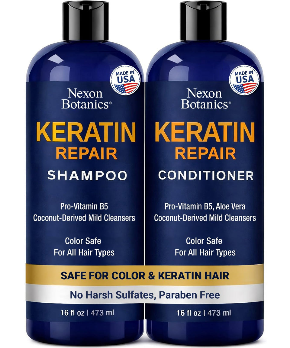 Nexon Botanics Keratin Shampoo bottle promotes smoother, shinier hair.