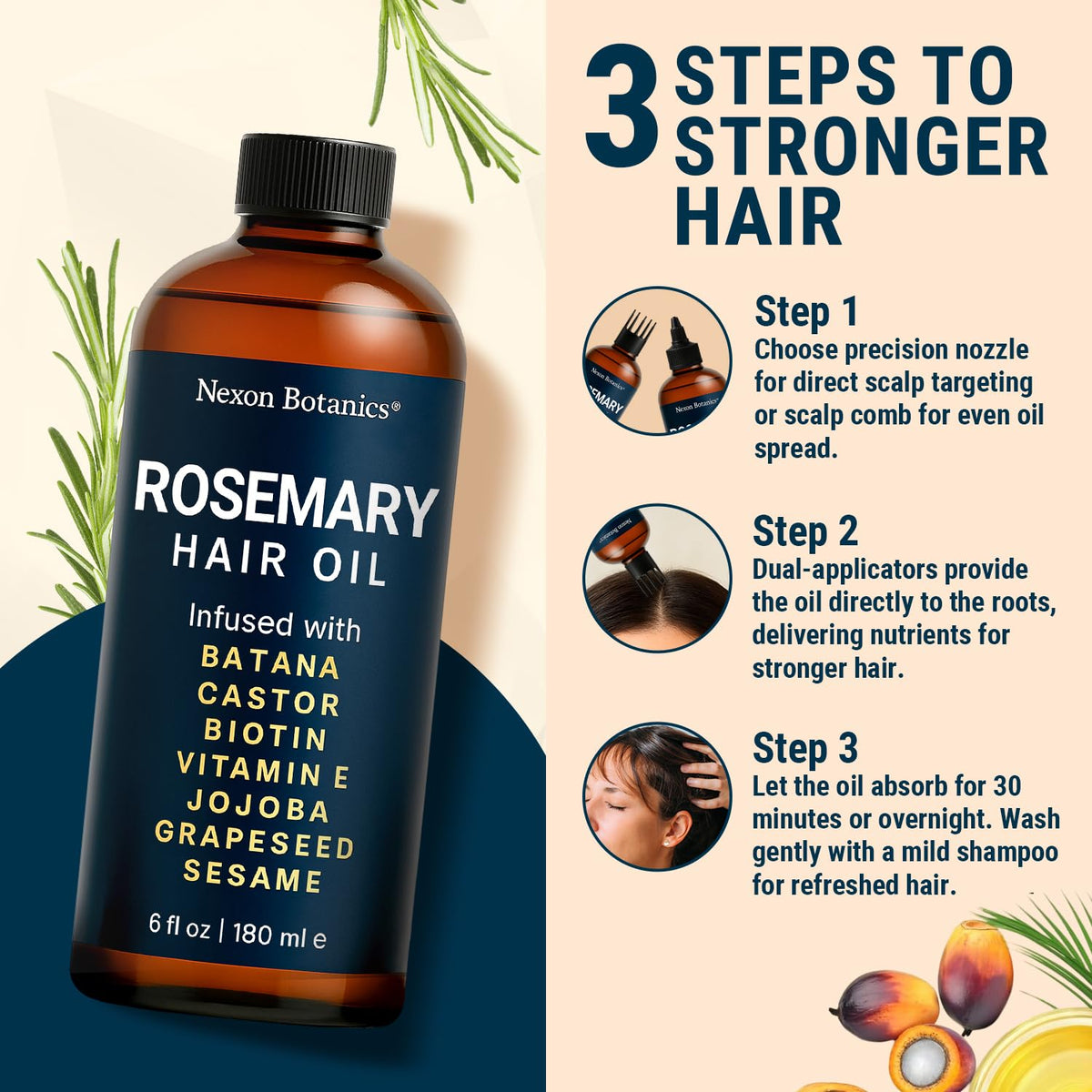 Nexon Botanics Rosemary Oil amber glass bottle on counter.