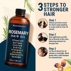 Nexon Botanics Rosemary Oil amber glass bottle on counter.