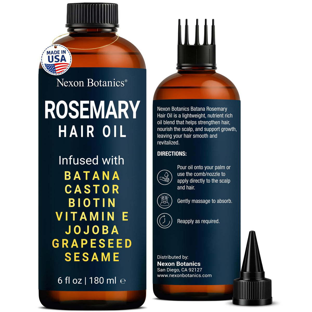 Nexon Botanics Rosemary Oil bottle pour for easy scalp application.