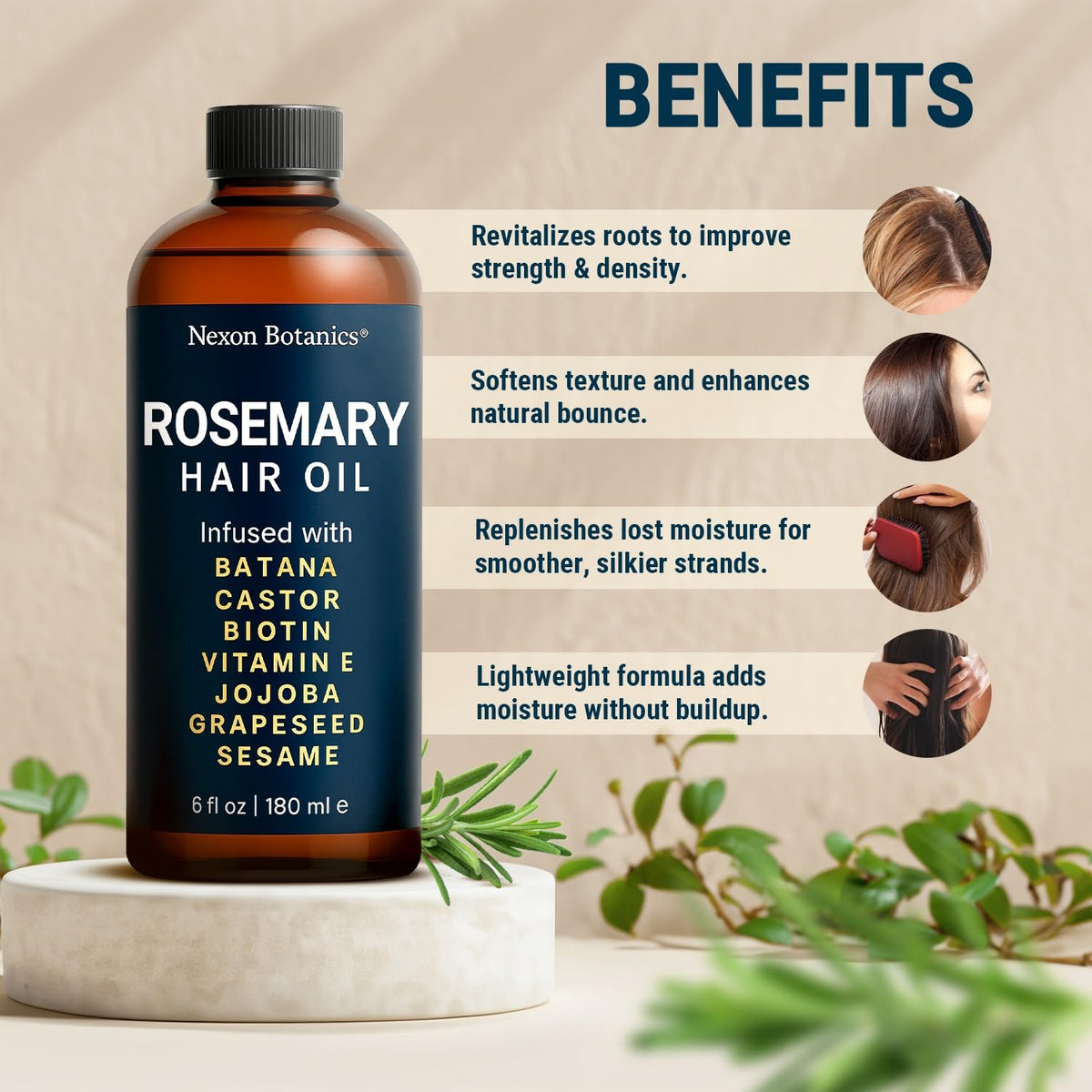 Nexon Botanics Rosemary Oil close-up on hair strands for natural shine.