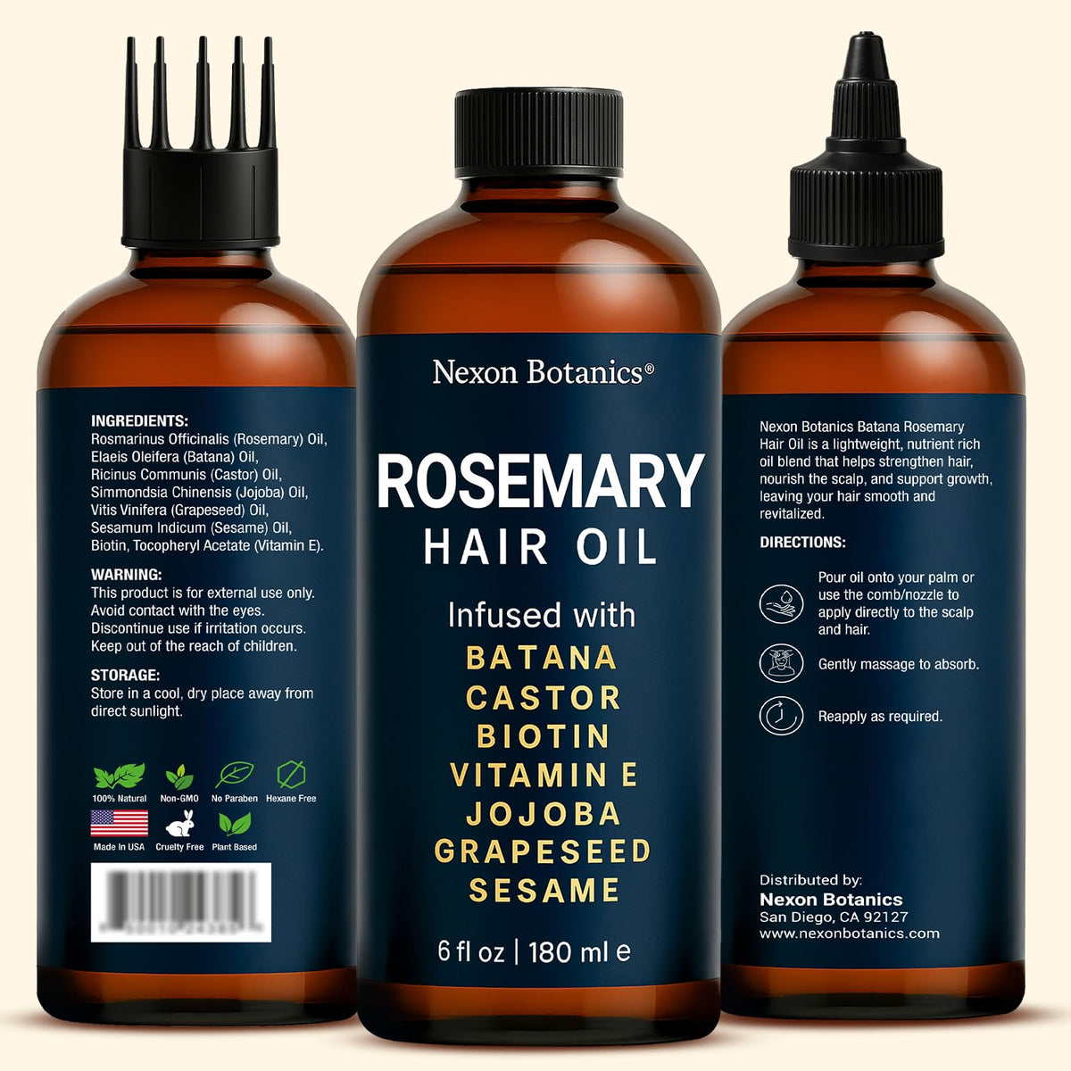 Nexon Botanics Rosemary Oil applied to the scalp for refreshing care.
