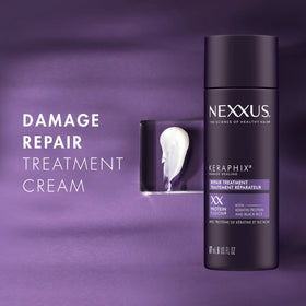 Nexxus Keraphix applying to damp hair before washing to prep strands.