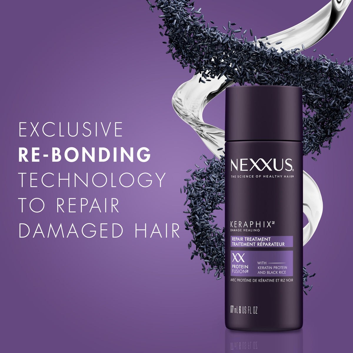 Nexxus Keraphix close-up shows keratin and black rice blend.