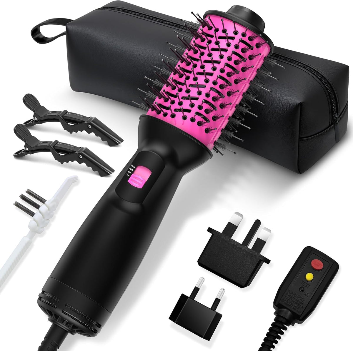 NFie dual voltage travel hair dryer brush with oval barrel for worldwide styling convenience.