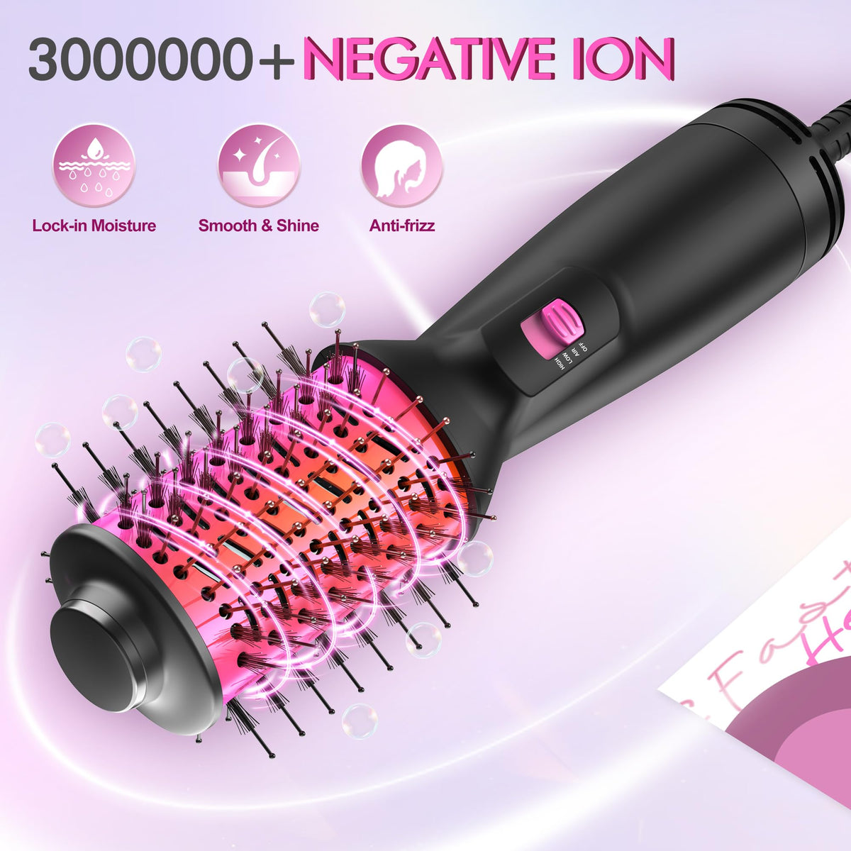 NFie oval-barrel brush gliding through hair with anti-tangle bristles for smooth results.