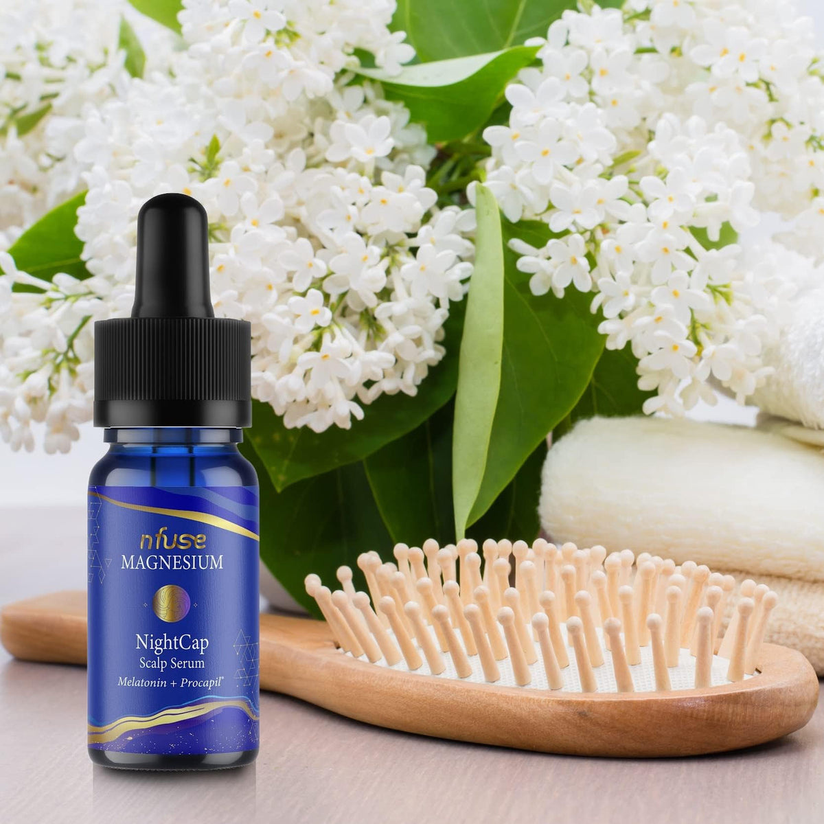 nfuse NightCap serum closeup showing clear, unscented formula