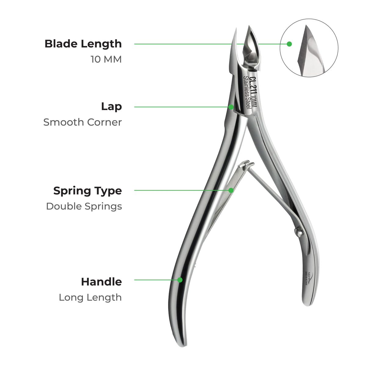NGHIA CL-211 cuticle nipper, side view, ergonomic long handle for control.