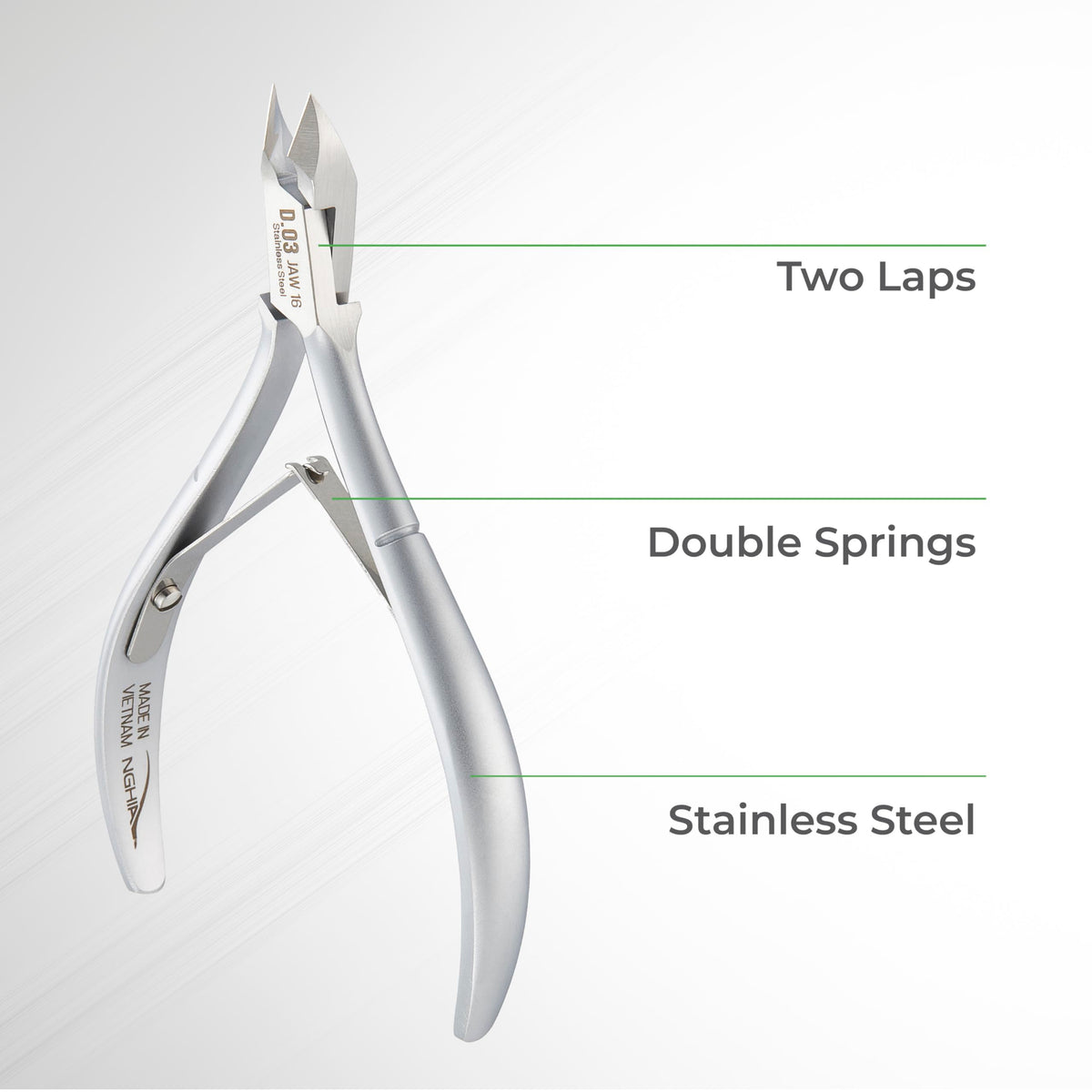 NGHIA Cuticle Nipper D-03 JAW16 ergonomic handle for comfortable grip during longer sessions.