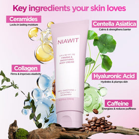 NIAWIT Firming Smoothing Body Cream texture close-up shows light formula.