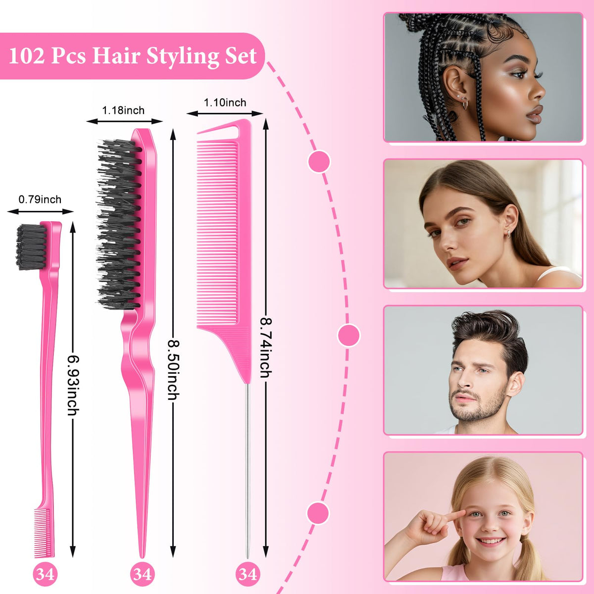 NICEMOVIC teasing brushes pink collection for adding volume and lift.