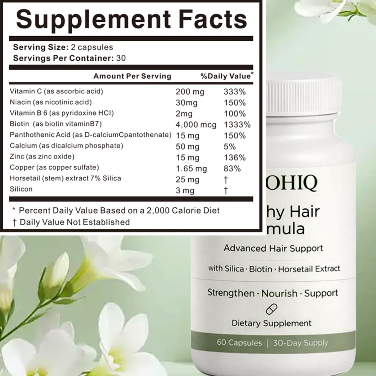 Nichalous hair growth pills close-up shows silica and horsetail blend.