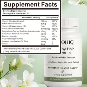 Nichalous hair growth pills close-up shows silica and horsetail blend.