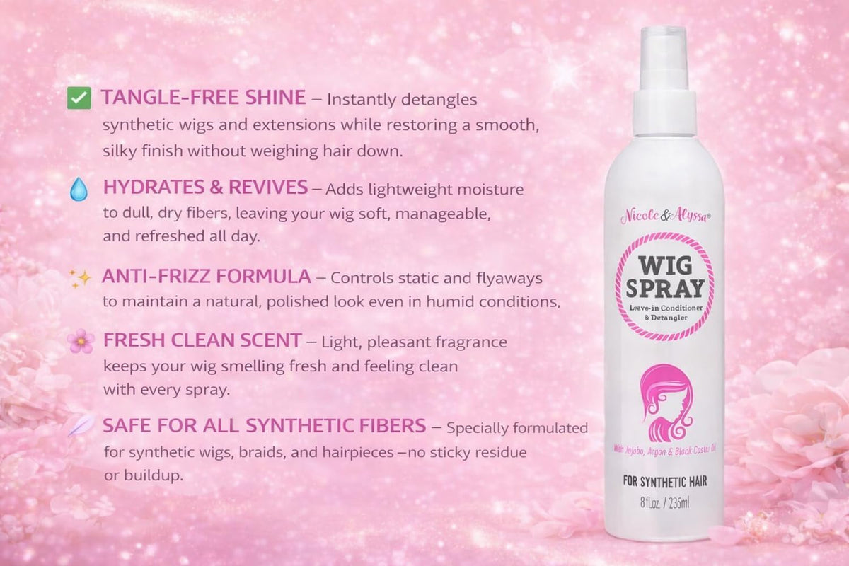 Nicole and Alyssa wig shampoo bottle cleanses synthetic hair gently.
