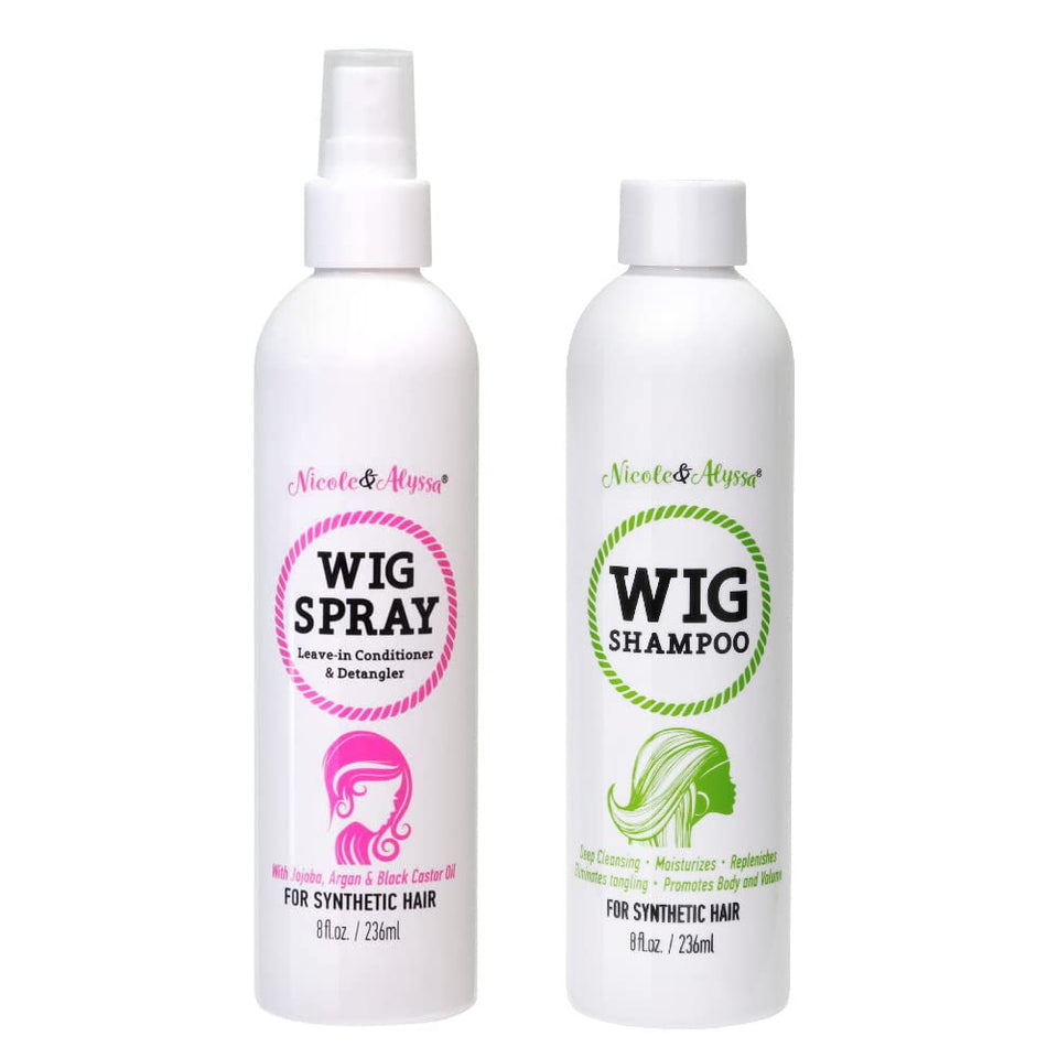 Nicole and Alyssa wig spray bottle softens and detangles synthetic wigs.