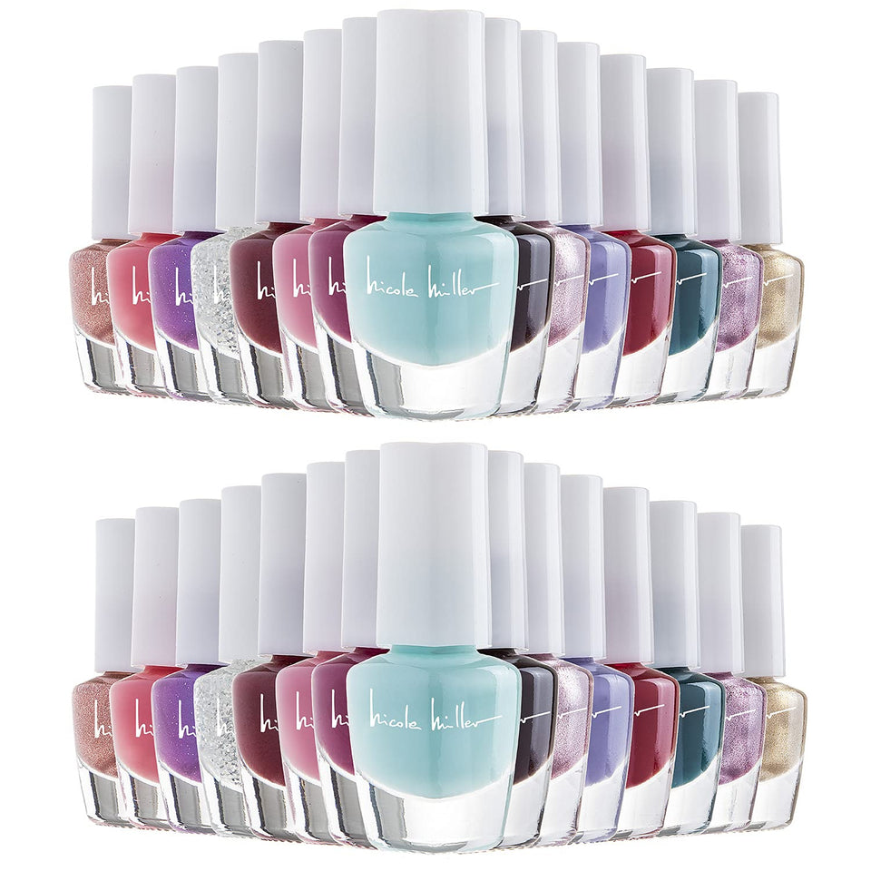 Nicole Miller New York mini nail polish set palette swatches show glossy, vibrant options.