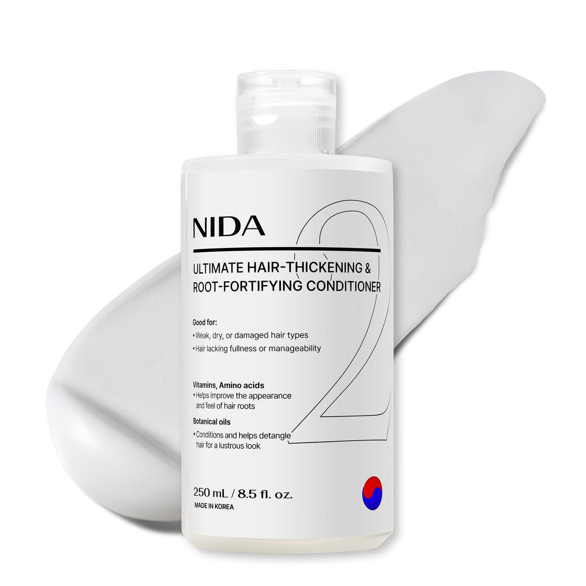 NIDA Ultimate Hair-Thickening Conditioner bottle demonstrates fuller-looking hair.