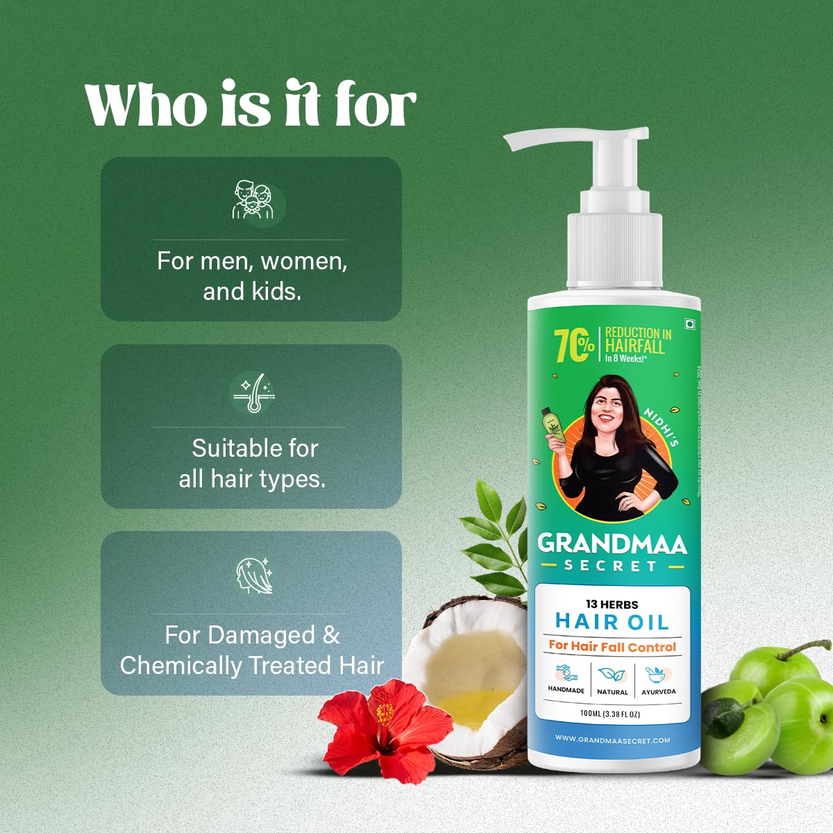 NIDHI'S GRANDMAA SECRET 13 Herbs Hair Oil bottle on a shelf signals premium packaging.