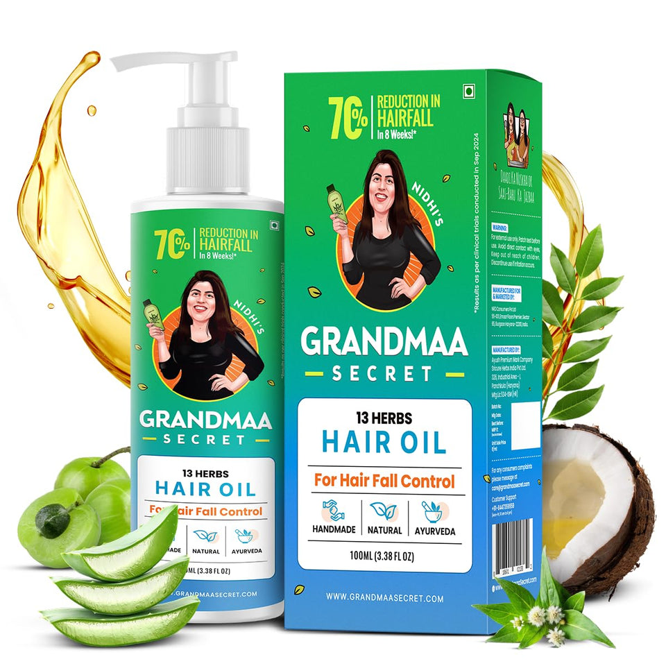 NIDHI'S GRANDMAA SECRET 13 Herbs Hair Oil bottle for daily use on dry hair.