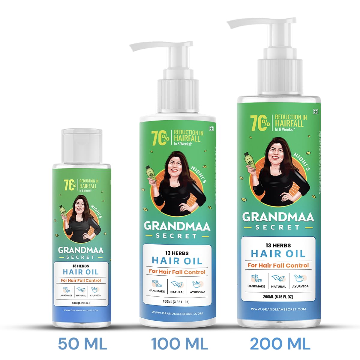 NIDHI'S GRANDMAA SECRET 13 Herbs Hair Oil in use demonstrates simple daily routine.
