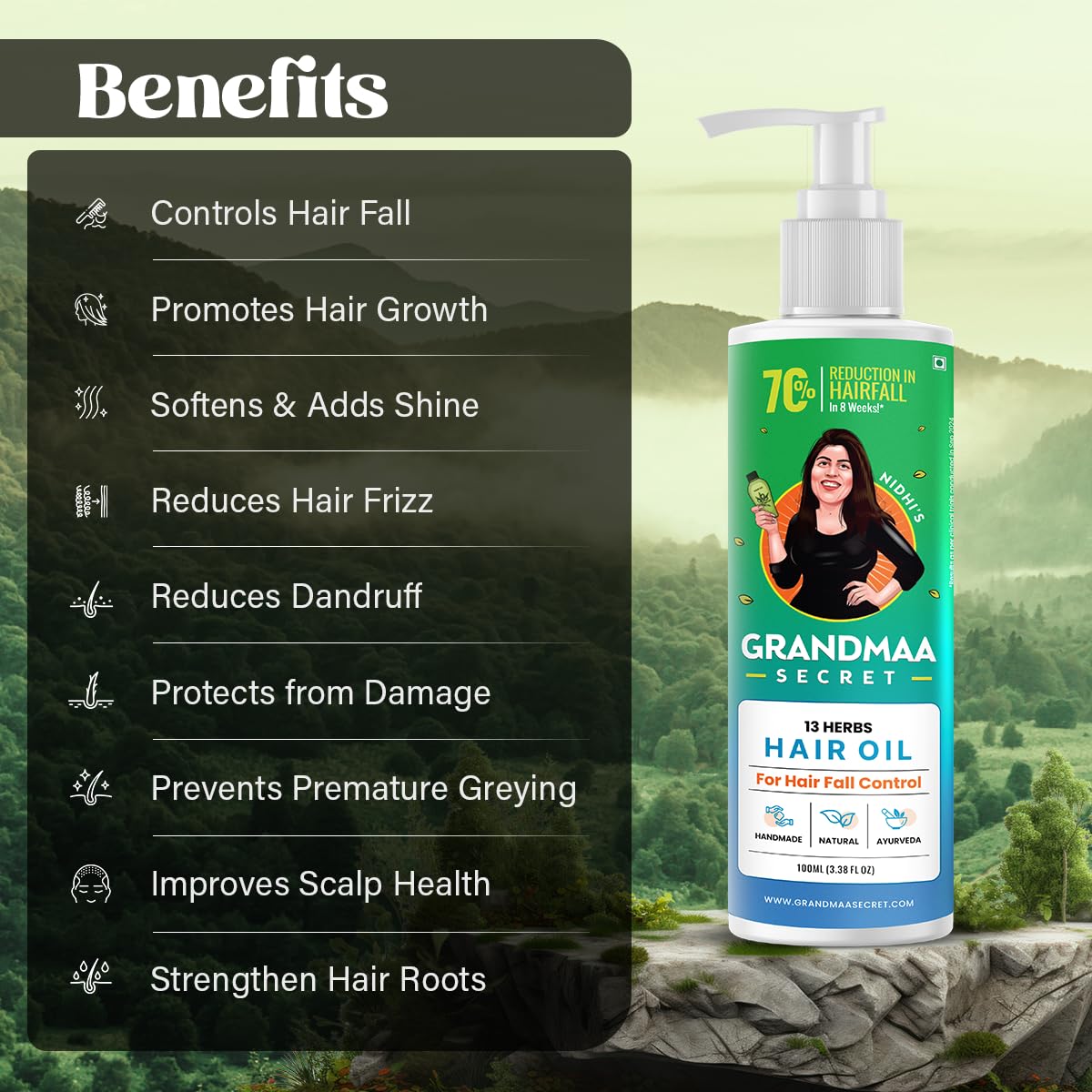 NIDHI'S GRANDMAA SECRET 13 Herbs Hair Oil blend in a jar showcasing herbal mix boosts vitality.