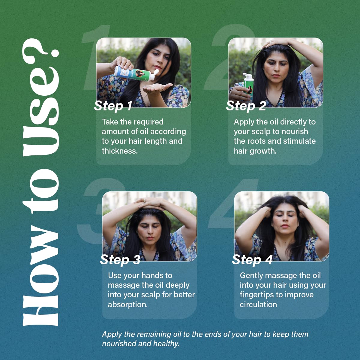 NIDHI'S GRANDMAA SECRET 13 Herbs Hair Oil shown on dry hair for added shine.