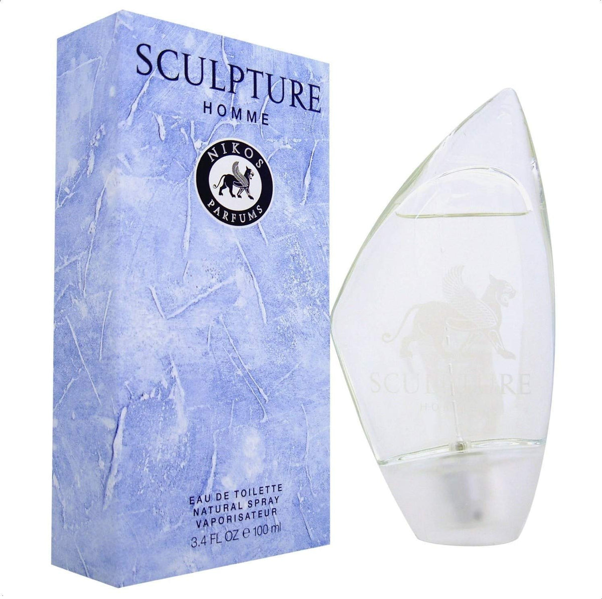 Nikos Sculpture bottle emphasizes amber cedar and sage for daily wear.