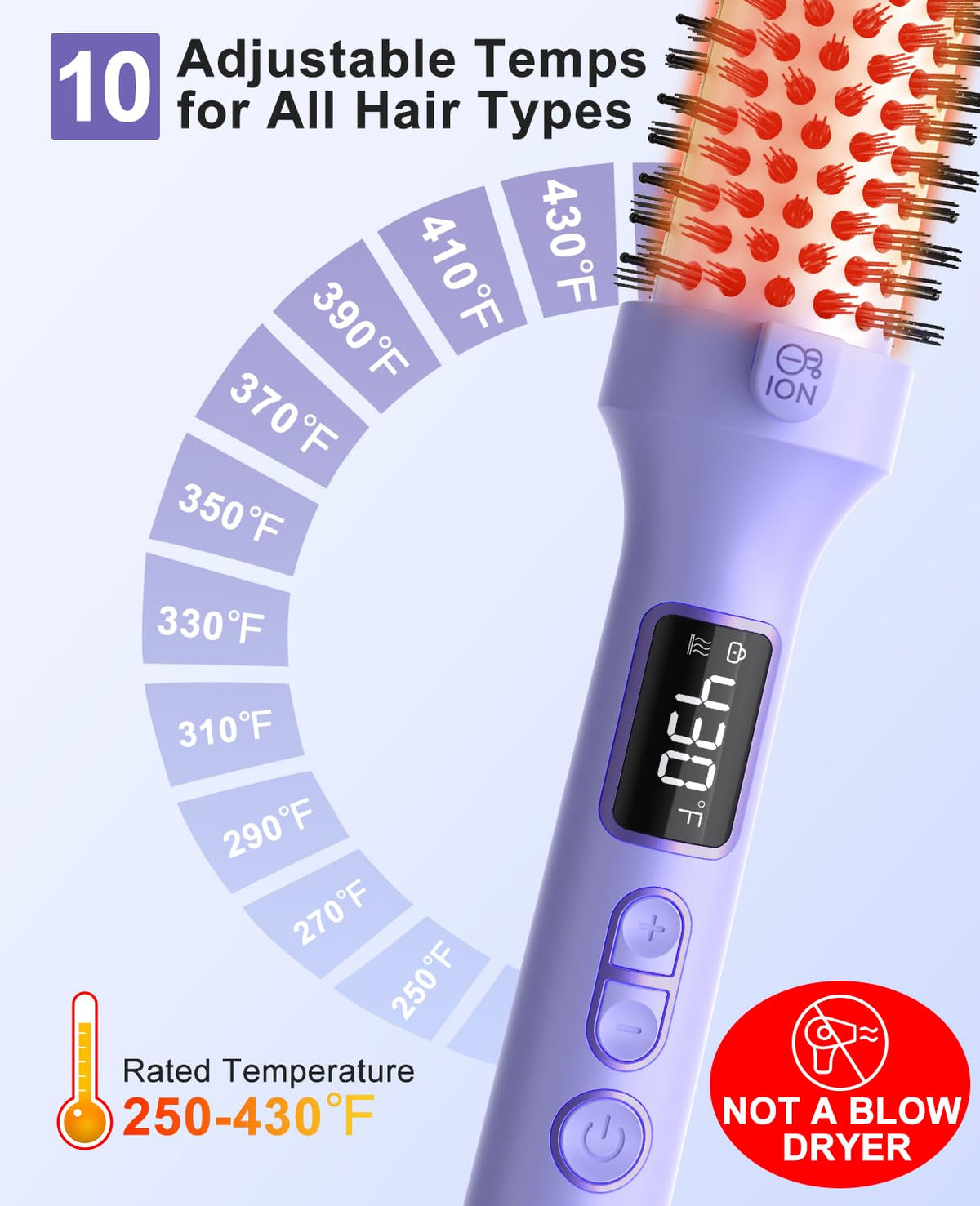 Nimmu Thermal Brush heat setting display highlights ten temperature levels