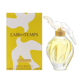 Close-up of Nina Ricci L’Air du Temps bottle cap with iconic silhouette.