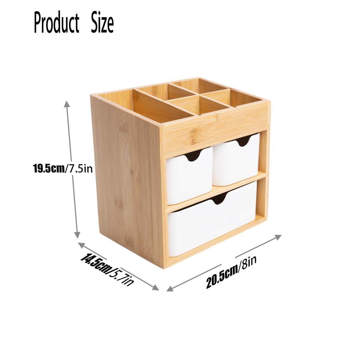 Ninebendstreams bamboo desk organizer for makeup and office supplies on a tidy desk.