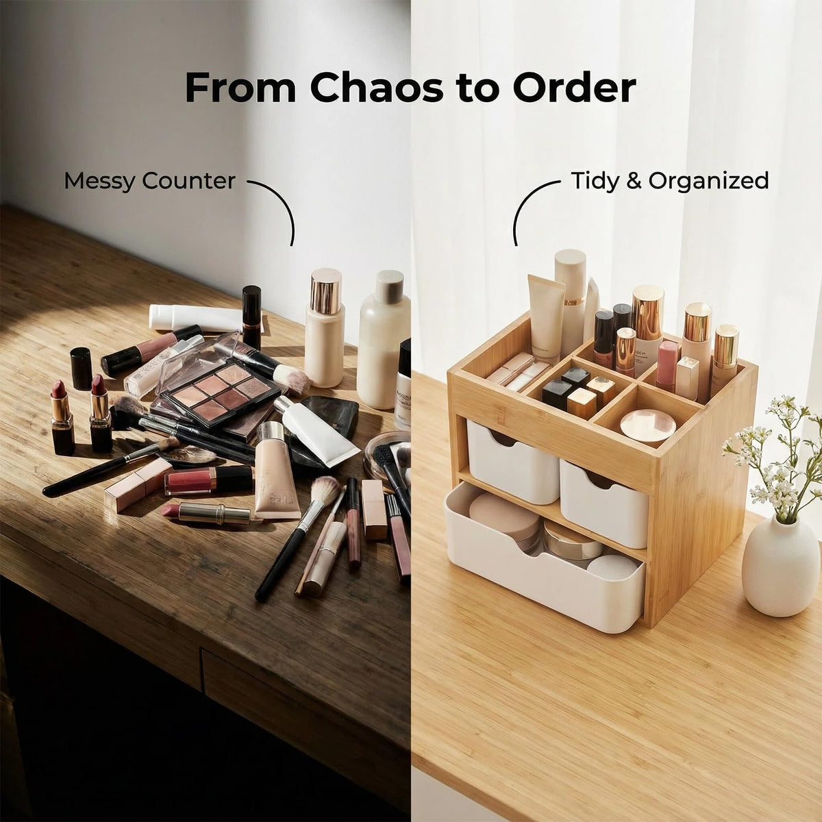 Ninebendstreams bamboo organizer with adjustable dividers showing customizable makeup storage.