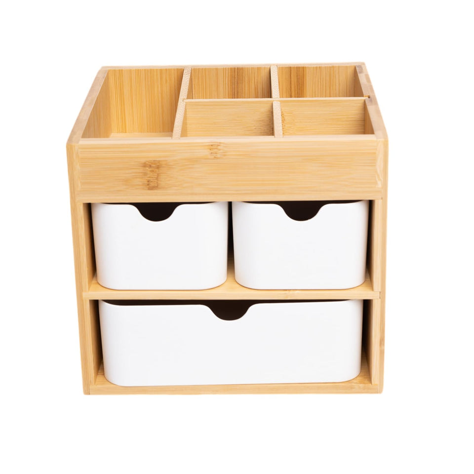 Ninebendstreams bamboo makeup organizer front view with three drawers for cosmetics.