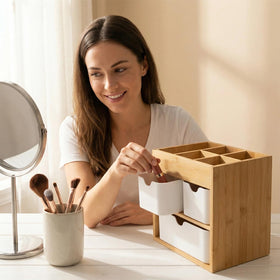 Ninebendstreams bamboo organizer setup as a compact tea station on the counter.
