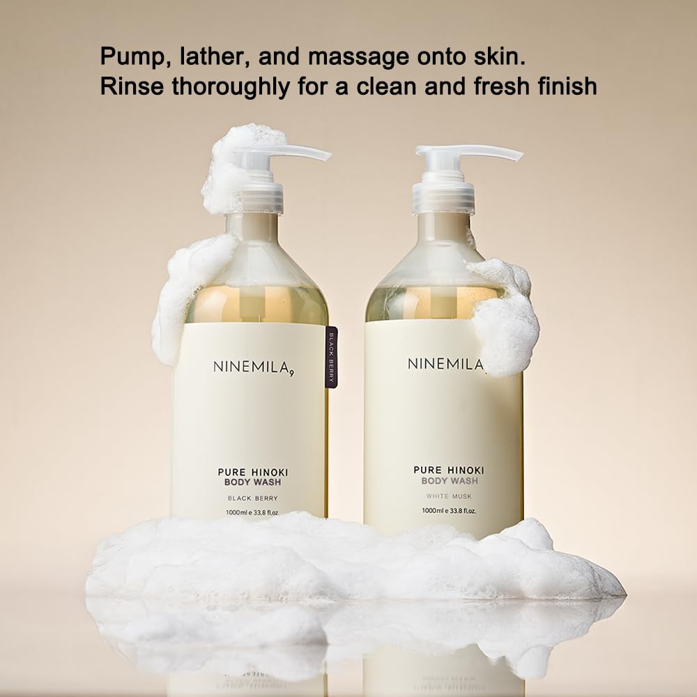 Dispensing pump of NINEMILA Hinoki Body Wash in the shower.