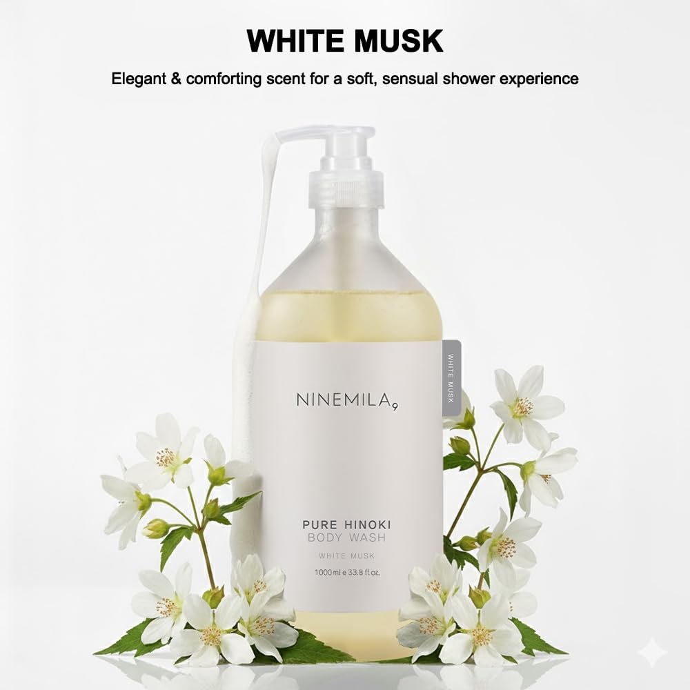Spa-like shower setup featuring NINEMILA Hinoki bottle for a relaxing routine.