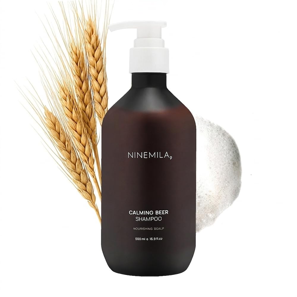 NINEMILA9 Calming Beer Shampoo bottle with biotin and collagen benefits.