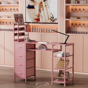 NinPeen manicure table pink drawers and open shelves for tidy workspace.