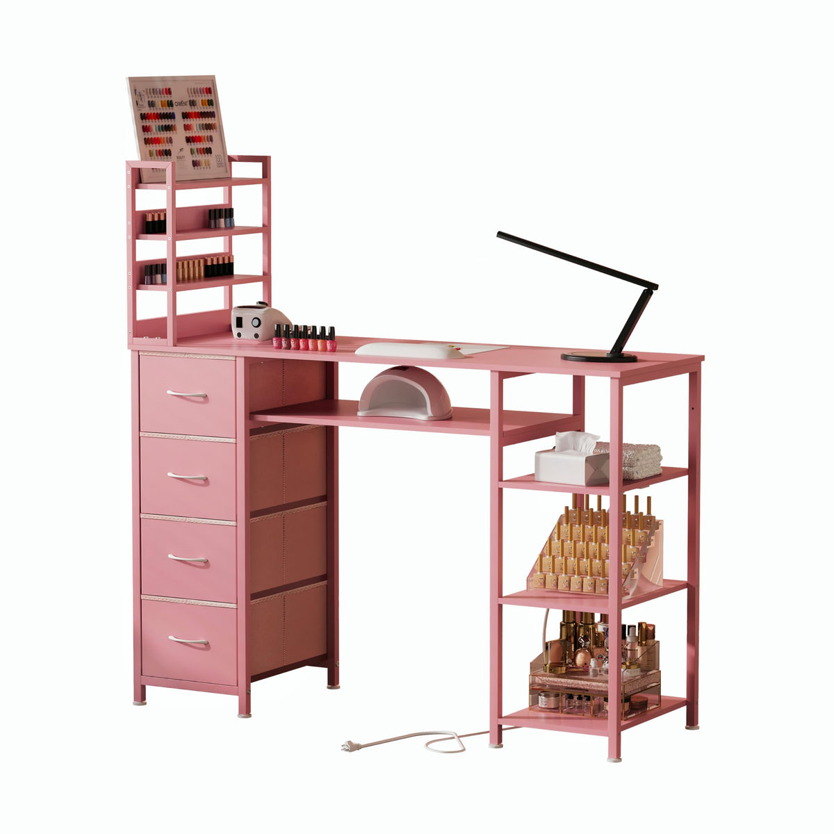 NinPeen manicure table pink front view showcases organized storage for polishes and tools.