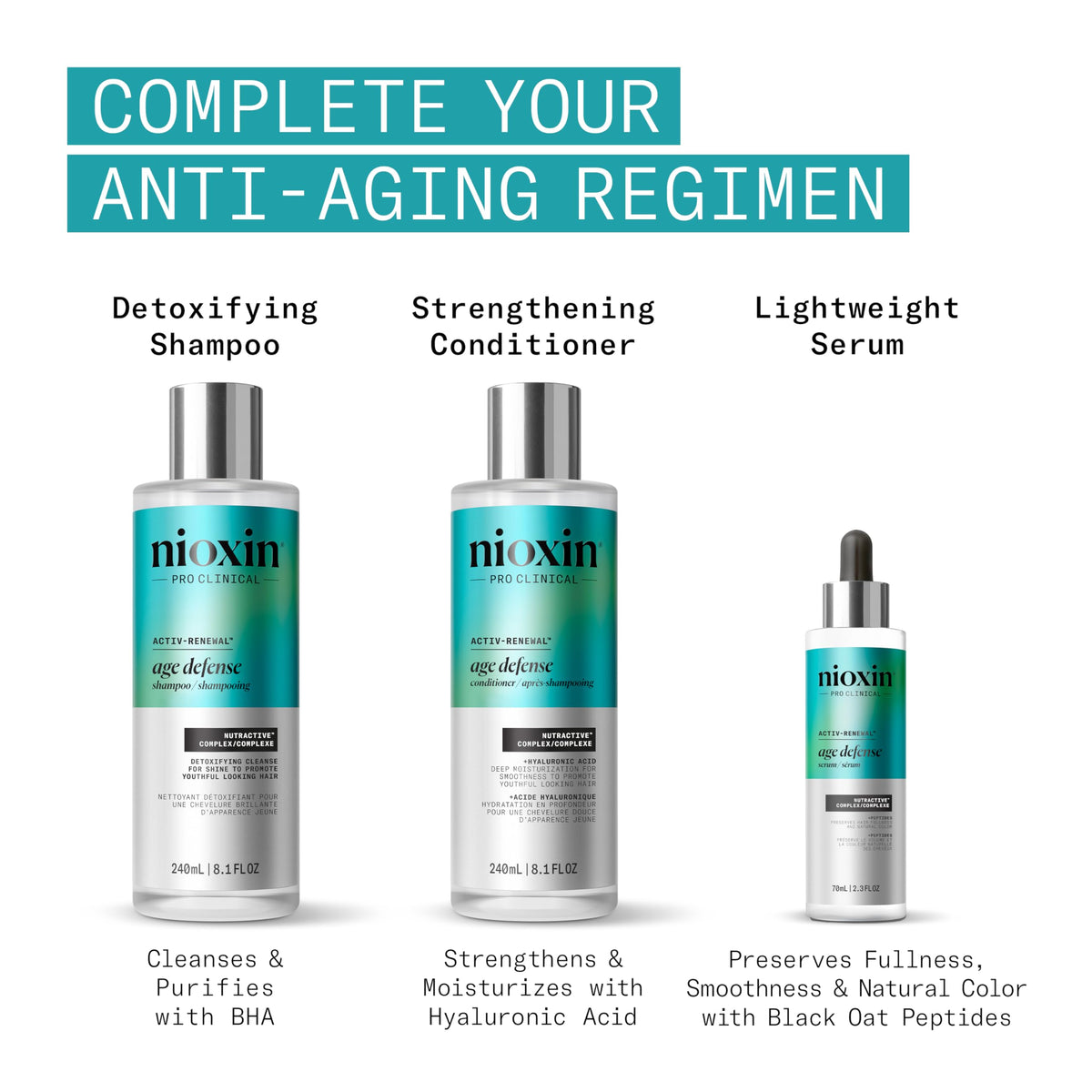 Nioxin Age Defense Conditioner bottle provides lightweight moisture for aging hair.