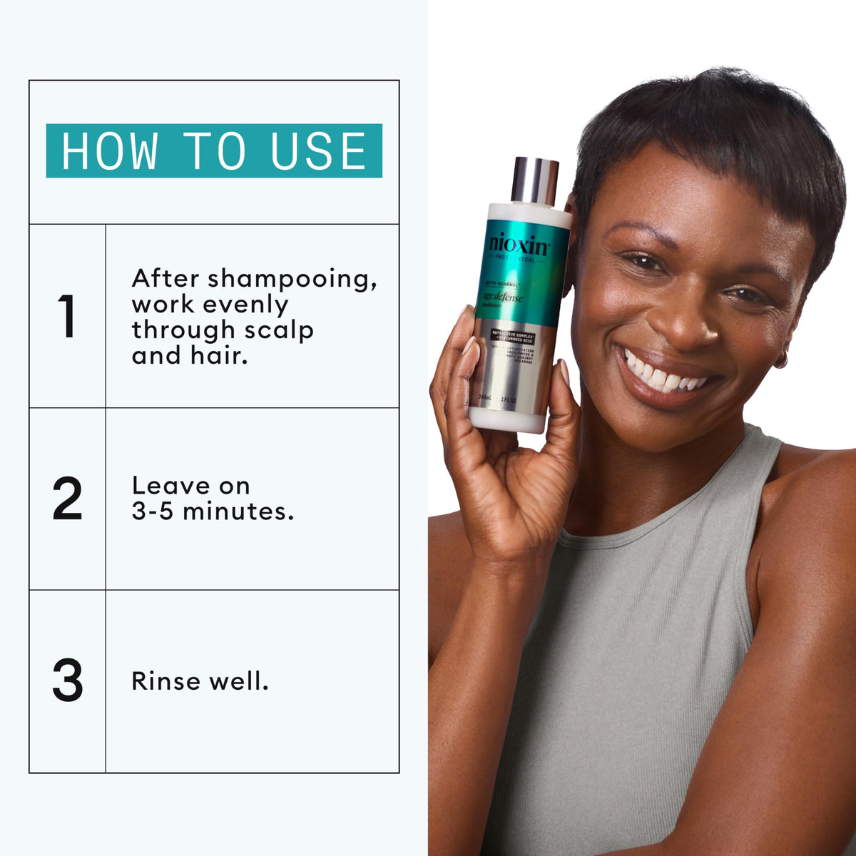 NIOXIN Age Defense Conditioner on hair tips showing reduced dryness
