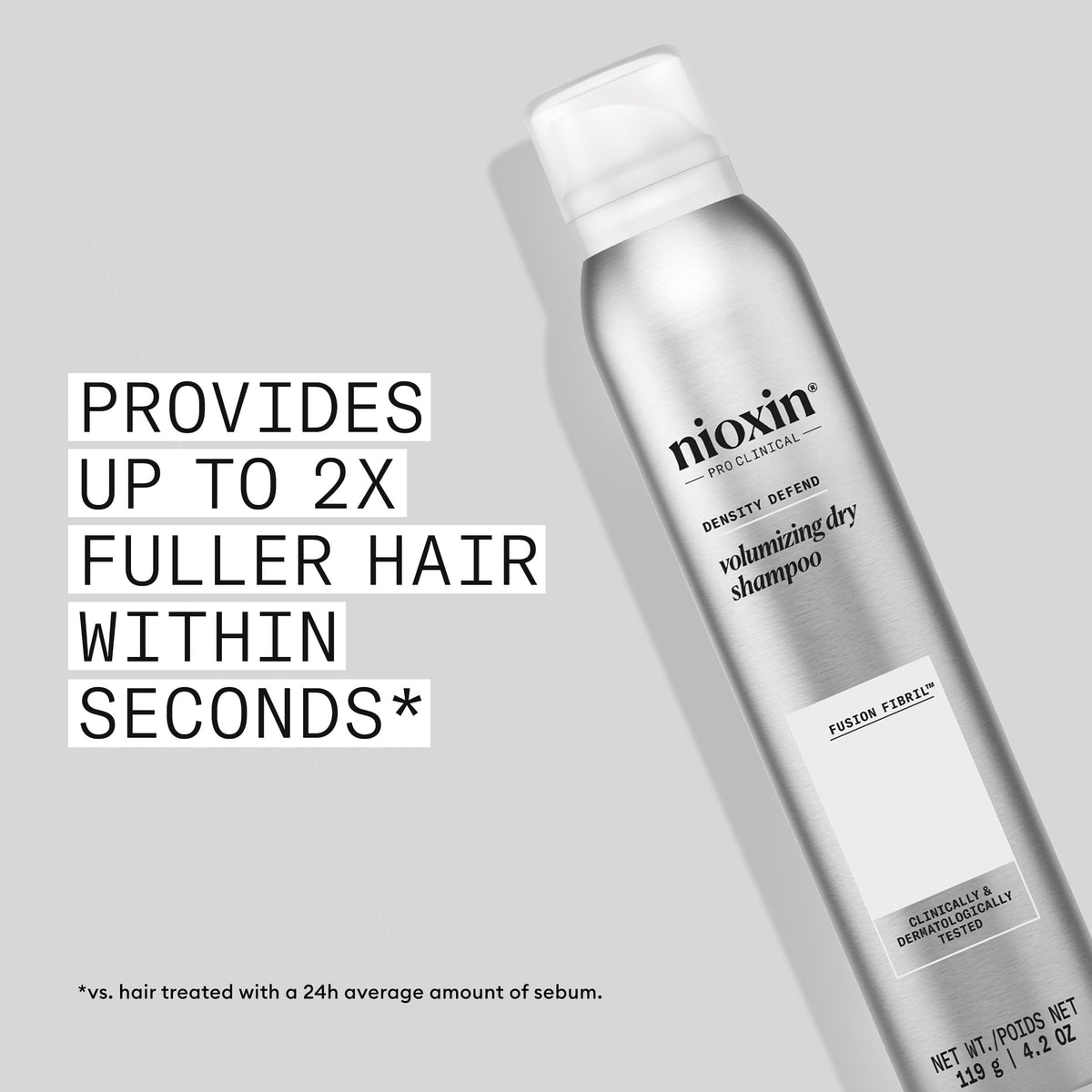 Nioxin Density Defend spray-dispense close-up demonstrating quick refresh and oil absorption at roots