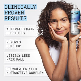 Nioxin Hair Fall Defense Shampoo lather closeup emphasizes cleansing without drying the scalp