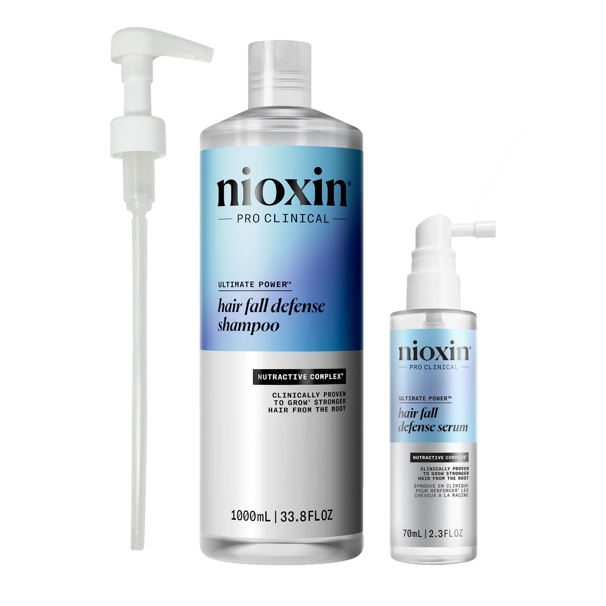 Nioxin Hair Fall Defense Shampoo pump bottle showing powerful cleansing for scalp vitality
