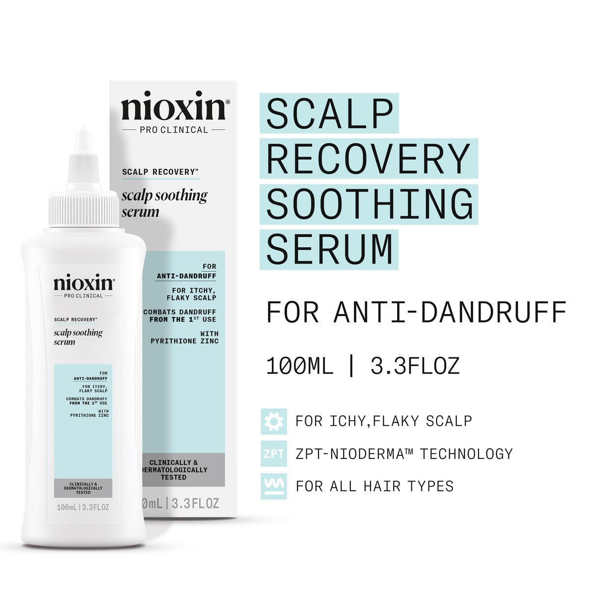 Close-up of Nioxin Scalp Recovery Serum label highlighting zinc pyrithione and green tea extracts.