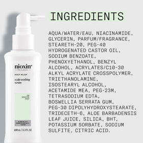 NIOXIN Scalp Relief Serum label highlights parabens- and colorants-free formula.