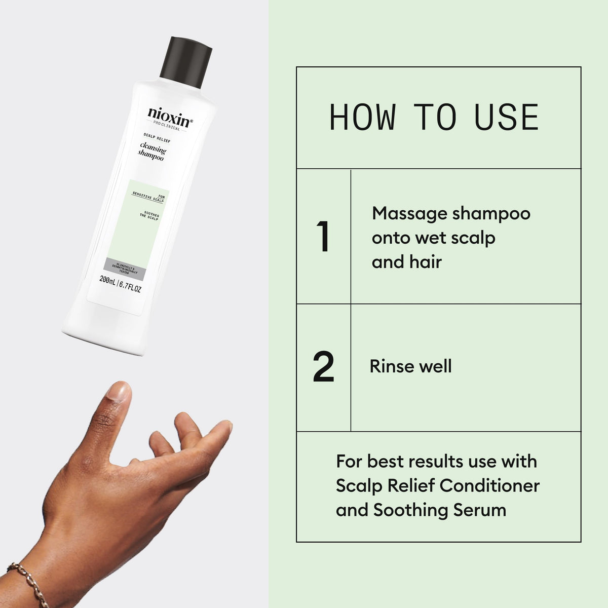 Pouring NIOXIN Scalp Relief Shampoo into hand for gentle cleansing