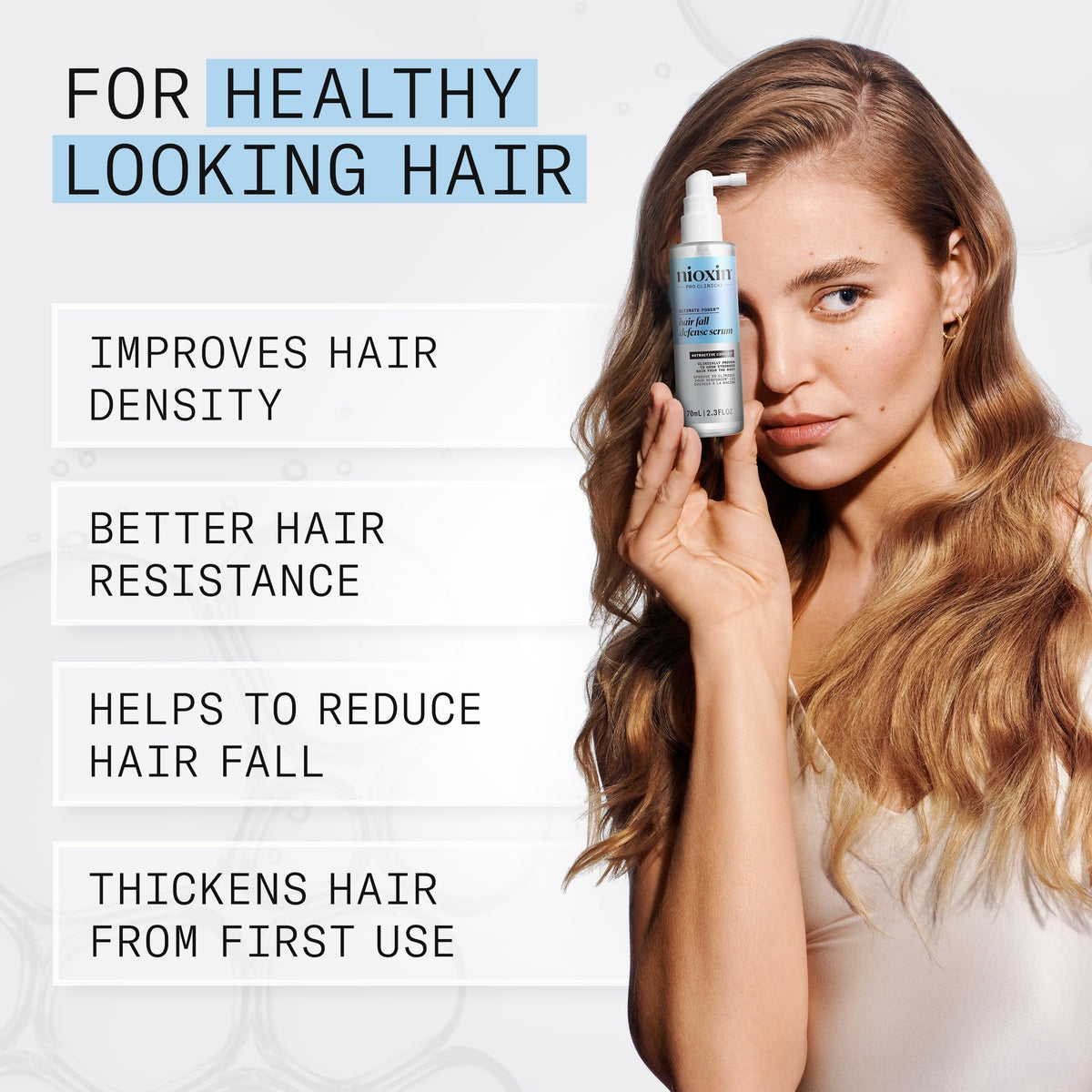 Nioxin Serum closeup bottle application shows thinning hair treatment in action