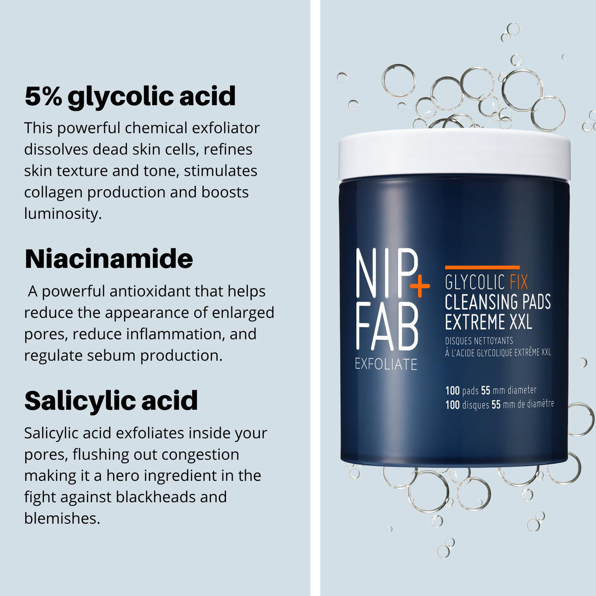 Pads housed in Nip + Fab Glycolic Fix Night Pads Extreme XXL tub for daily use