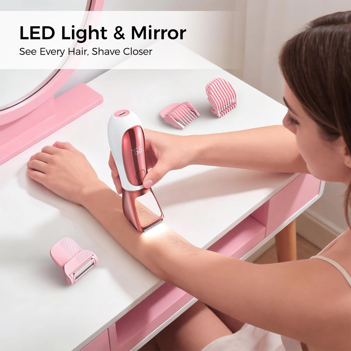 NIPOO bikini trimmer side handle for comfortable grip during wet grooming.