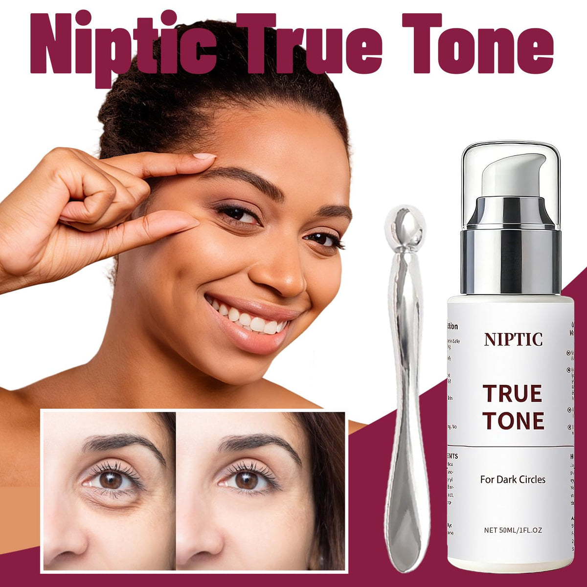 Niptic True Tone Eye Cream application showing smooth, lightweight texture